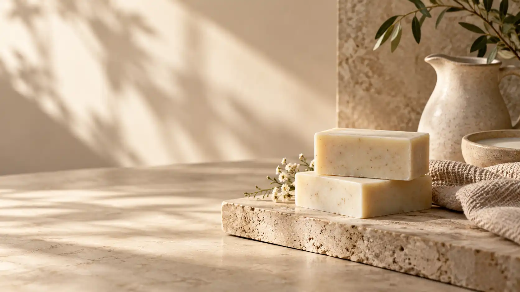 Soft natural light over a minimal bathroom counter