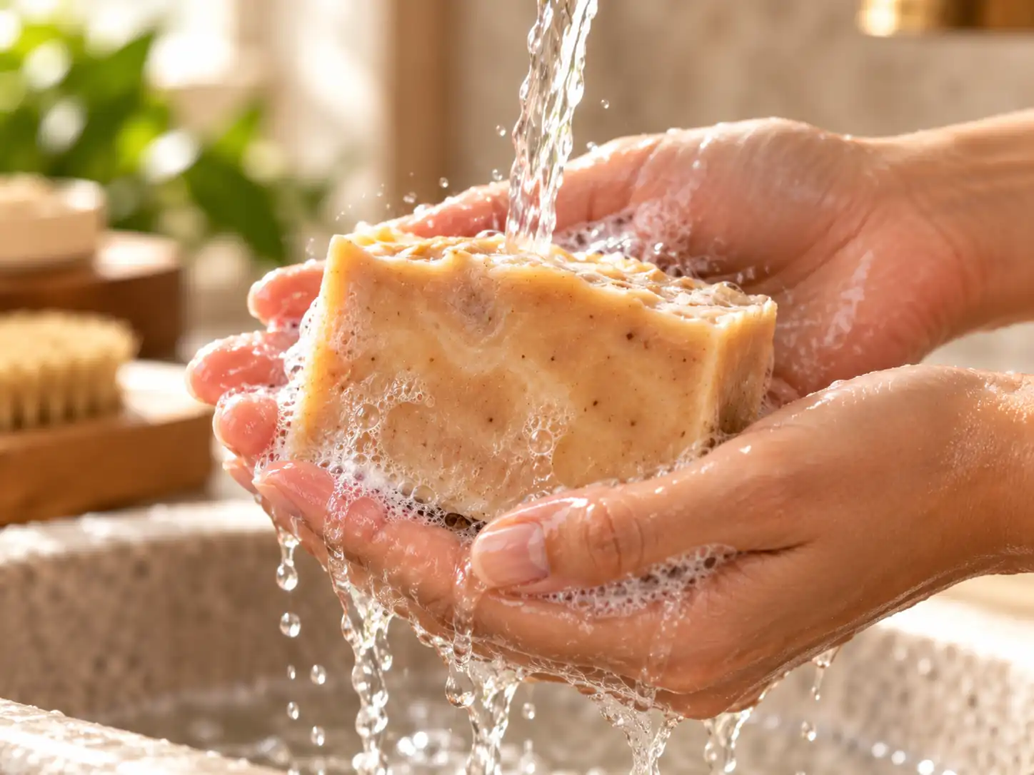 Hands holding soap under running water
