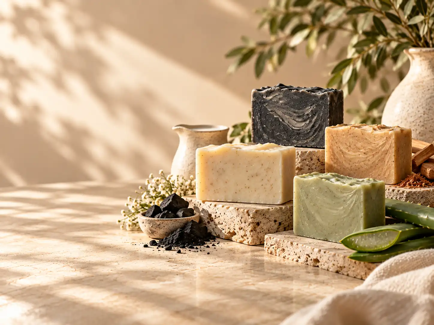 Body Studio soap resting on natural stone in a sunlit bathroom